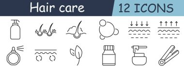 Saç bakım seti ikonu. Şişe, kök, köpük, molekül, absorbe, hidrasyon, sprey, tiraj, yaprak, vitamin, krem, araç
