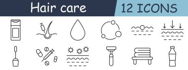 Saç bakım seti ikonu. Şampuan, iğne, damla, molekül, beslenme, koruma, krem, havlu, şişe, serum, köpük, yaprak