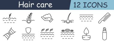 Saç bakım seti ikonu. Folikül, curl, köpük, el, kök, elastikiyet, tarak, DNA, koruma, büyüme, yağ, sprey