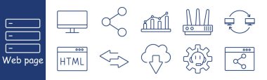 Web sayfası set simgesi. Ekran, grafik, yönlendirici, HTML, eşzamanlama, bulut, indirme, analiz, web penceresi, etkileşim, paylaşım, sistem verileri, trafik, görselleştirme, bağlantı