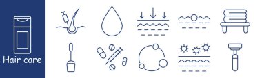Saç bakım seti ikonu. Şampuan, folikül, damla, ok, havlu, serum, hap, güneş, molekül, betimleme hidrasyon, tedavi, sıcaklık, onarım, ilaç