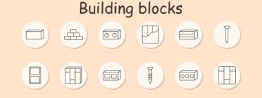 Yapı blokları simge oluşturdu. Tuğla, duvar, oyuk birim, köşe taşı, panel, çivi, çift yuva, üst üste blok, vida, yuvarlak delik, inşaat plakası, montaj ögesi