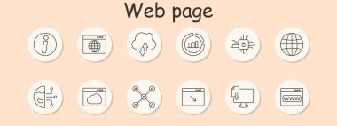 Web sayfası set simgesi. Bilgi, tarayıcı, bulut yüklemesi, analitik, kilit, küre, dijital harita, güvenlik, ağ, web sitesi, monitör, www.