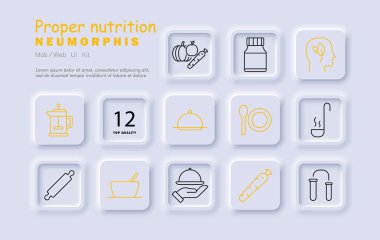 Düzgün beslenme ikonu. Sebzeler, vitaminler, sağlıklı akıl, çorba, kahve, tabak, havuç, test tüpleri, tabak, kase, zihinsel sağlık, dengeli gıda, sağlık