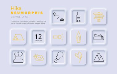 Çekim simgesi. Çadır, el feneri, kano, bıçak, rota, radyo, dağ, doğa, hava, patika, işaret direği, açık hava aktivitesi, yön, macera