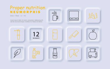 Düzgün beslenme ikonu. Kahve, terazi, vitaminler, buzdolabı, bıçak, elma, yaprak, dambıl, karaciğer, süt, tost makinesi, öğütücü, sağlıklı yiyecek, denge, tazelik