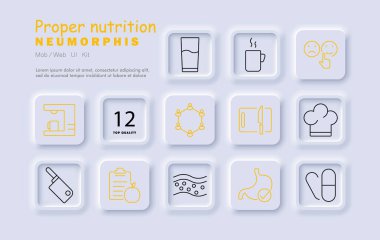 Düzgün beslenme ikonu. Su, kahve, duygu, mide, kontrol listesi, şef şapkası, kapsül, kesme tahtası, sindirim sistemi, vitaminler, denge, sağlık