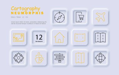 Harita seti simgesi. Harita, pusula, uçak, tabela, bavul, alışveriş, yön, ev, rehber, seyahat, dünya, konum, navigasyon, seyahat