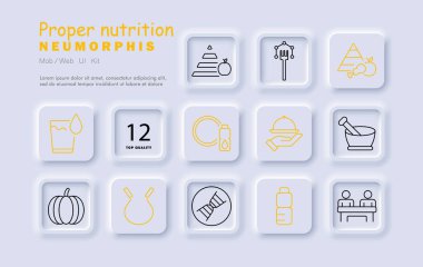 Düzgün beslenme ikonu. Yemek piramidi, elma, balkabağı, şişe, ip, tabak, çatal, su, DNA, mutfak, sağlıklı yaşam tarzı, denge, vitamin, protein