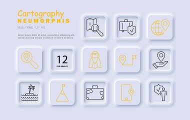 Harita seti simgesi. Büyüteç, bavul, bayrak, iğne, dünya, ada, yol, insan, telefon, güvenlik, seyahat haritası, rota, hedef, rehber