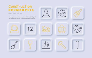 Yapılandırma simgesi. Koni, kamyon, çekiç, kanca, çivi, kürek, dişli, tramvay, fırça, silindir, kablo, makine, inşaat aletleri, ekipman