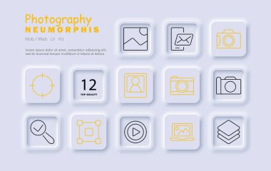 Fotoğraf seti simgesi. Resim, kamera, zarf, odak, lens, video, galeri, düzenleyici, ekran, monitör, araçlar, kalp, favori, film