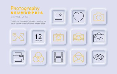 Fotoğraf seti simgesi. Kamera, resim, zarf, yazıcı, film, renk modeli, odak, e-posta, önizleme, fotoğraf, kalp, görsel içerik, düzenleme