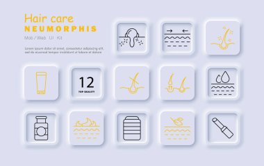 Saç bakım seti ikonu. Folikül, kafa derisi, damla, nem, saç kremi, serum, kuraklık, kök, maske, parlaklık, yağ, büyüme, su, tedavi