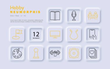 Hobi seti simgesi. Kitap, mikrofon, masa konuşması, hedef bayrağı, görüntü, ip atlama, telefon, palet, piyon, halter, hoparlör, oyun kartları.