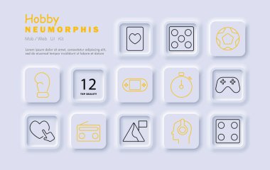 Hobi seti simgesi. Kart, zar, futbol topu, boks eldiveni, oyun sahası, kronometre, konsol, radyo, bayrak, kulaklık, dağ, tuğla