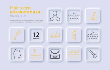 Saç bakım seti ikonu. Damla, kök, büyüme, sprey, deri, su, kafa derisi, folikül, serum, fırça, doku, enjeksiyon, bakım