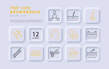 Saç bakım seti ikonu. Molekül, kafa derisi, folikül, profil, ph seviyesi, elastikiyet, tedavi, DNA, makas, serum, iplik, katmanlar