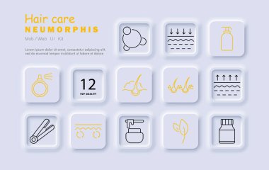 Saç bakım seti ikonu. Sprey, parçacıklar, şampuan, folikül, yağlı bez, büyüme, düzleştirici, kıvrım, krem, yaprak, vitamin