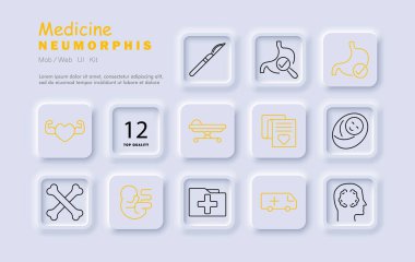 Tıp seti simgesi. Neşter, mide, kalp, yatak, doküman, bebek, kemik, embriyo, ambulans, beyin, sağlık klasörü