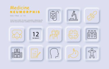 Tıp seti simgesi. Maske, damla, mikroskop, emzik, doktor, beyin, test tüpü, hastane, belge, profil, mide, vücut