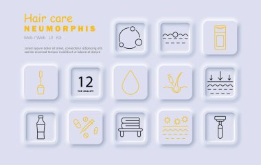 Saç bakım seti ikonu. Damla, molekül, köpük, şampuan, su, folikül, vitaminler, havlu, güneş, jilet, serum, katmanlar.