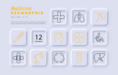 Tıp seti simgesi. Termometre, çapraz, akciğer, tarayıcı, bandaj, doktor, baş, hücre, tekerlekli sandalye, makine, tüp, karaciğer.