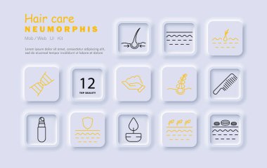 Saç bakım seti ikonu. Folikül, kafa derisi, DNA, köpük, kıvrım, tarak, losyon, koruma, aroma, parlaklık, tedavi, besin