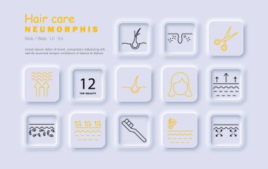 Saç bakım seti ikonu. Folikül, elastikiyet, makas, büyüme, yüz, dalga, kökler, fırça, sıcaklık, düzlük, onarım.
