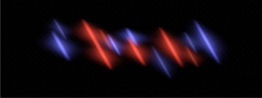 Zigzag ışığı. Soyut köşegen ışık deseni kırmızı ve mavi. Yoğun parıltı, yüksek hızlı titreşimler, dağınık enerji hatları, koyu bulanıklık..