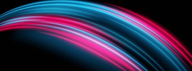 Neon ark ışığı. Mavi ve pembe kıvrımlı kirişler canlı hareket bulanıklığı ve enerji gradyanıyla düzgün dijital akışında akar..