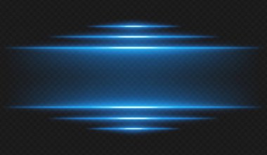 Fütürist ışıltı. Koyu arkaplanda parlak kenarlı yatay mavi ışık ışınları dijital temalar ve sanal ortamlar için yüksek teknoloji arayüzü veya bilim kurgu UI çerçevesi oluşturur.