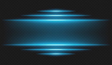 Fütürist ışıltı. Koyu arkaplanda parlak kenarlı yatay mavi ışık ışınları dijital temalar ve sanal ortamlar için yüksek teknoloji arayüzü veya bilim kurgu UI çerçevesi oluşturur.