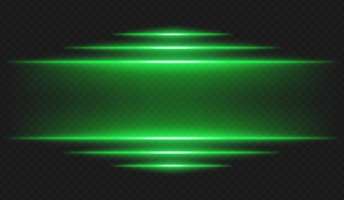 Fütürist ışıltı. Yatay yeşil ışık ışınları koyu arkaplanda parlayan kenarları ile yüksek teknoloji arayüzü veya dijital temalar ve sanal ortamlar için bilim kurgu UI çerçevesi oluşturur.