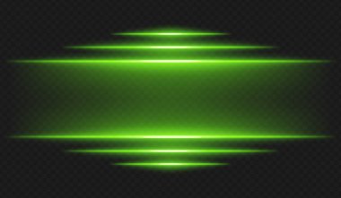 Fütürist ışıltı. Yatay yeşil ışık ışınları koyu arkaplanda parlayan kenarları ile yüksek teknoloji arayüzü veya dijital temalar ve sanal ortamlar için bilim kurgu UI çerçevesi oluşturur.