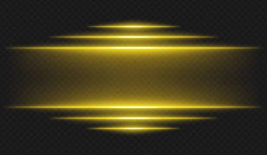 Fütürist ışıltı. Koyu arkaplanda parlak kenarlı yatay sarı ışık ışınları dijital temalar ve sanal ortamlar için yüksek teknoloji arayüzü veya bilim kurgu UI çerçevesi oluşturur.