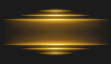 Fütürist ışıltı. Koyu arkaplanda parlak kenarlı yatay sarı ışık ışınları dijital temalar ve sanal ortamlar için yüksek teknoloji arayüzü veya bilim kurgu UI çerçevesi oluşturur.