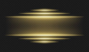 Fütürist ışıltı. Koyu arkaplanda parlak kenarlı yatay sarı ışık ışınları dijital temalar ve sanal ortamlar için yüksek teknoloji arayüzü veya bilim kurgu UI çerçevesi oluşturur.