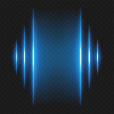 Soundwave. Farklı yüksekliklerin dikey mavi kirişleri sol ve sağ taraflar, ses çubuğu, ses frekansı veya müzik darbesi görselleştirmesini çağrıştırır.