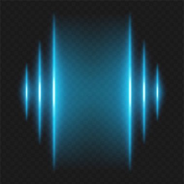 Soundwave. Farklı yüksekliklerin dikey mavi kirişleri sol ve sağ taraflar, ses çubuğu, ses frekansı veya müzik darbesi görselleştirmesini çağrıştırır.