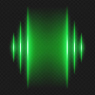 Soundwave. Farklı yüksekliklerin dikey yeşil kirişleri sol ve sağ taraftaki ayna, ses çubuğu, ses frekansı veya müzik darbesi görselleştirmesini çağrıştırır.