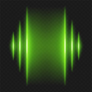 Soundwave. Farklı yüksekliklerin dikey yeşil kirişleri sol ve sağ taraftaki ayna, ses çubuğu, ses frekansı veya müzik darbesi görselleştirmesini çağrıştırır.