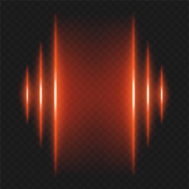 Soundwave. Farklı yüksekliklerin dikey kırmızı kirişleri sol ve sağ kenarlar, ses çubuğu, ses frekansı veya müzik darbesi görselleştirmesini çağrıştırır.