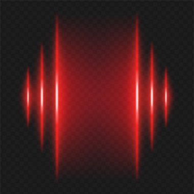 Soundwave. Farklı yüksekliklerin dikey kırmızı kirişleri sol ve sağ kenarlar, ses çubuğu, ses frekansı veya müzik darbesi görselleştirmesini çağrıştırır.