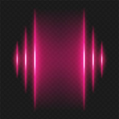 Soundwave. Farklı yüksekliklerin dikey pembe kirişleri sol ve sağ taraftaki ayna, ses çubuğu, ses frekansı veya müzik darbesi görselleştirmesini çağrıştırıyor.