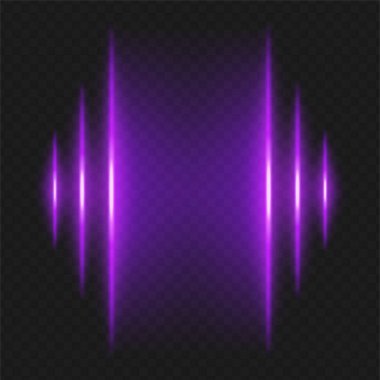 Soundwave. Mor dikey çıkıntılar siyahın üzerinde parlayarak, aynalı ses sinyali ya da ekolayzır çizelge efekti yaratır, müziğe ya da ses görselleştirmesine benzer..