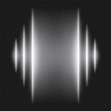 Soundwave. Siyahın üzerinde beyaz dikey çıkıntılar parlıyor, aynalı ses sinyali ya da eşitleyici çizelge efekti yaratıyor, müziğe ya da ses görselleştirmesine benziyor.