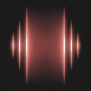 Soundwave. Kırmızı dikey çıkıntılar siyahın üzerinde parlıyor, aynalı ses sinyali ya da eşitleyici çizelge efekti yaratıyor, müziğe ya da ses görselleştirmesine benziyor.