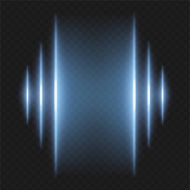 Soundwave. Siyahın üzerinde beyaz dikey çıkıntılar parlıyor, aynalı ses sinyali ya da eşitleyici çizelge efekti yaratıyor, müziğe ya da ses görselleştirmesine benziyor.