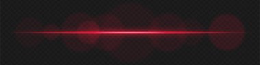 Şeffaf arka planda yumuşak dairesel parlaklığı olan kırmızı yatay lens parlaması. Bilim kurgu görselleri, fütüristik HUD elementleri ve ışık efektleri için soyut ışınlar ideal.